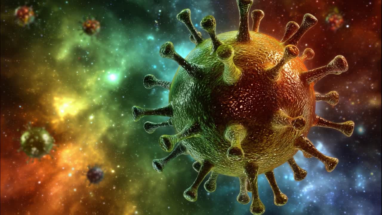 En detaljerad visualisering av ett virus i en kosmisk miljö, som belyser dess komplexa struktur och de livfulla färgerna i den omgivande interstellära bakgrunden