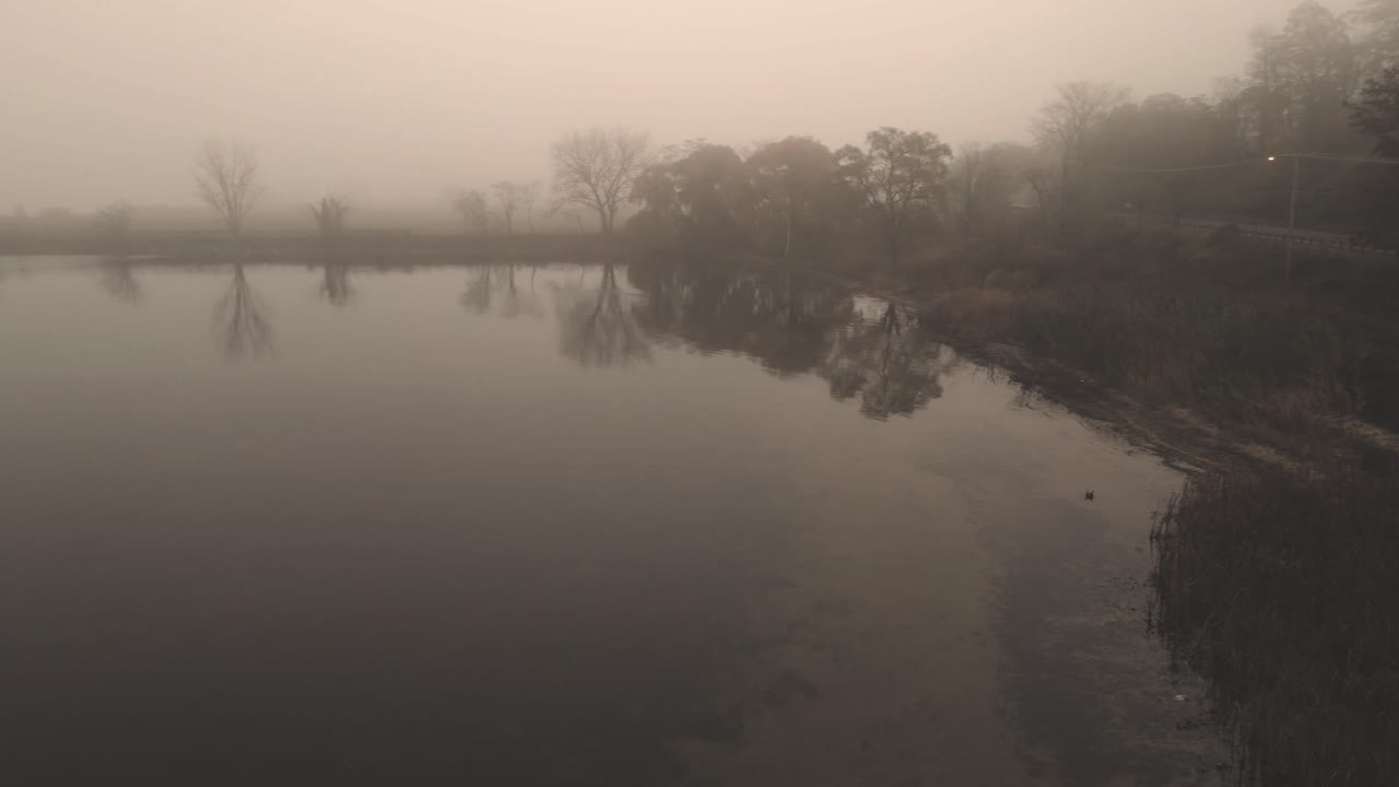 오렌지 안개로 뒤덮인 오싹한 호수