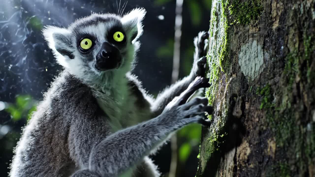 Lemur Climbing a Mossy Tree