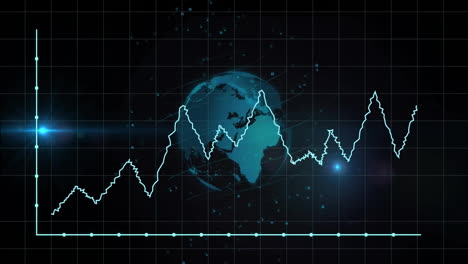 animation of graph, grid pattern, lens flares and rotating globe over black background