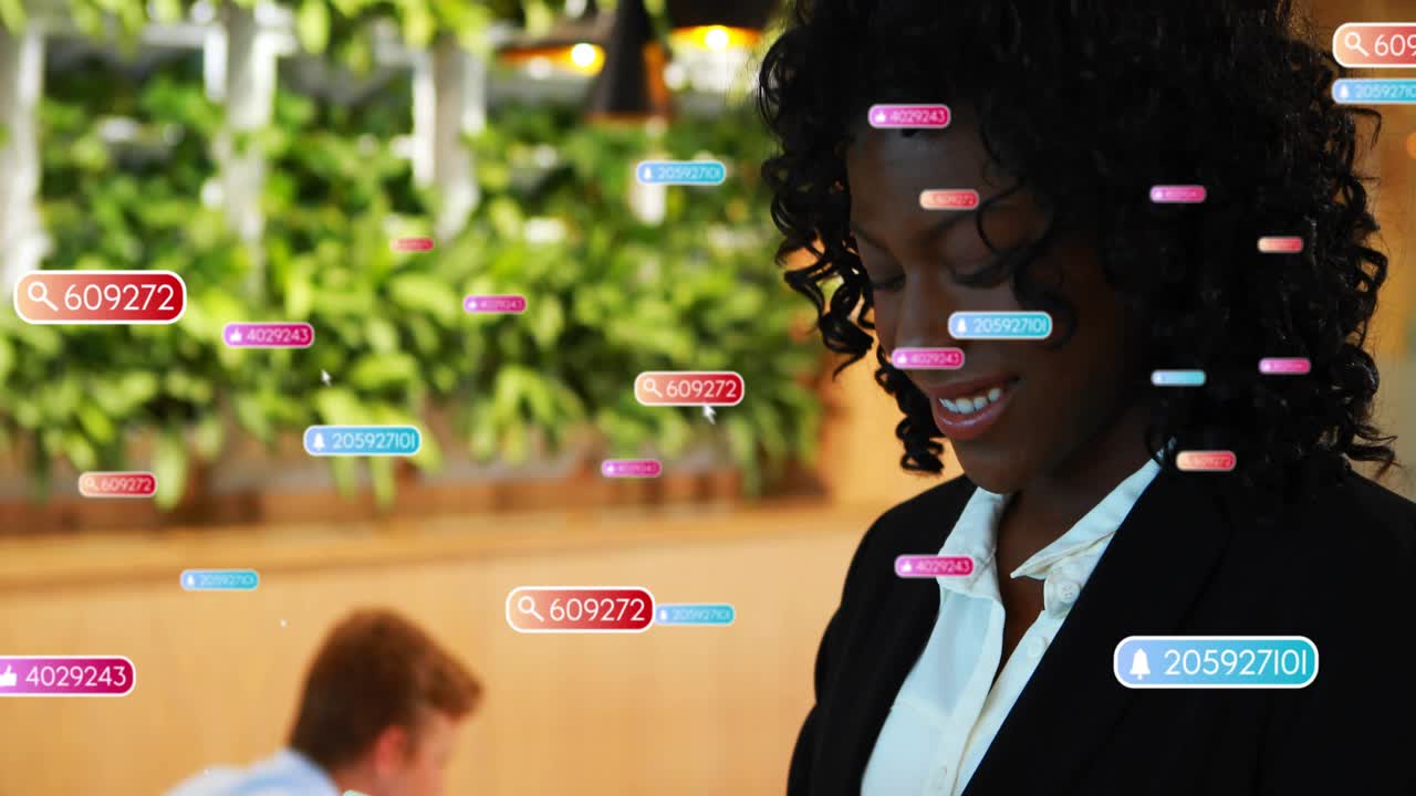 Woman tapping tablet, creating animated labels and reviewing business analytics in lounge, smiling