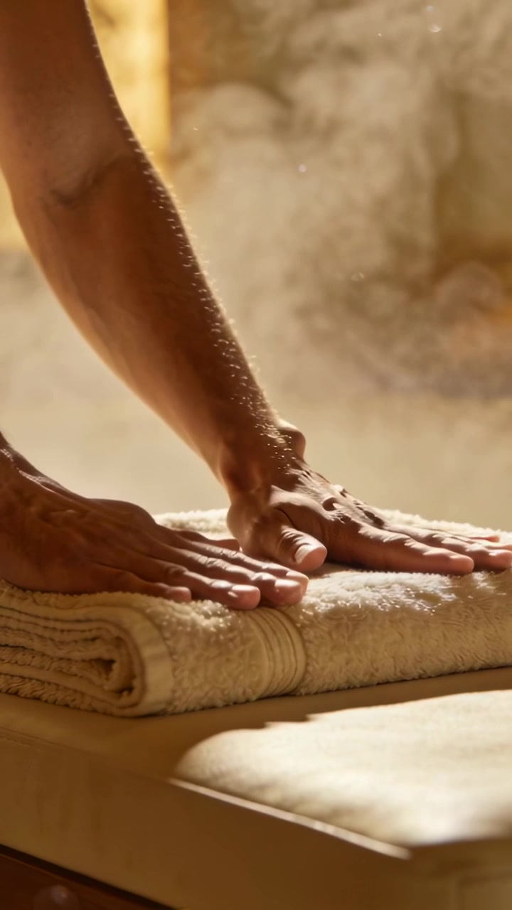 Video verticale: Mani di un addetto alla spa che posizionano un asciugamano su una panca, lisciandolo per un massaggio con vapore.