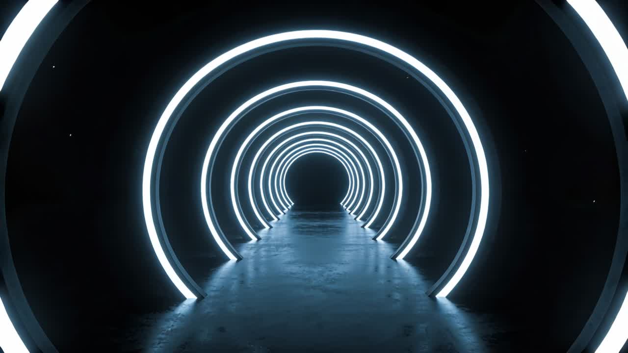 Dolly pushing camera forward through LED rings at exhibition emphasizing depth and reflective floor