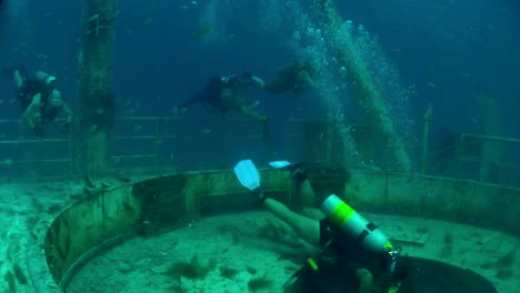 divers swim around a shipwreck 1