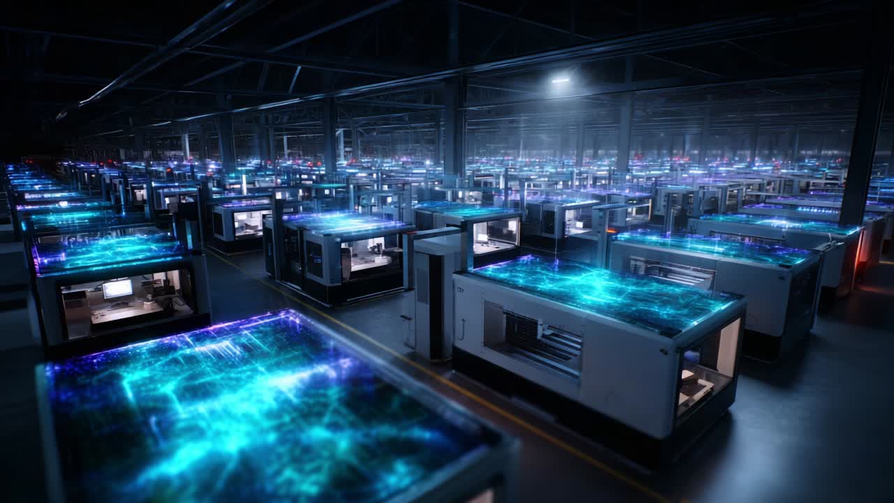 A Futuristic Manufacturing Facility Showcasing Rows of Advanced Machines with Illuminated Surfaces, Creating a High-Tech Environment Filled with Vibrant Blue Patterns and Soft Ambient Lighting, Perfect for Innovations