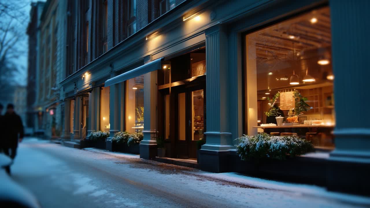 An inviting urban scene showcasing a beautifully lit caf? during winter, as gentle snowflakes fall on the snowy street, creating a cozy and warm atmosphere inviting passersby to pause and enjoy