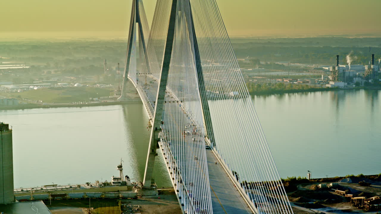 Cinematic drone shot of the new Gordie Howe international bridge under construction