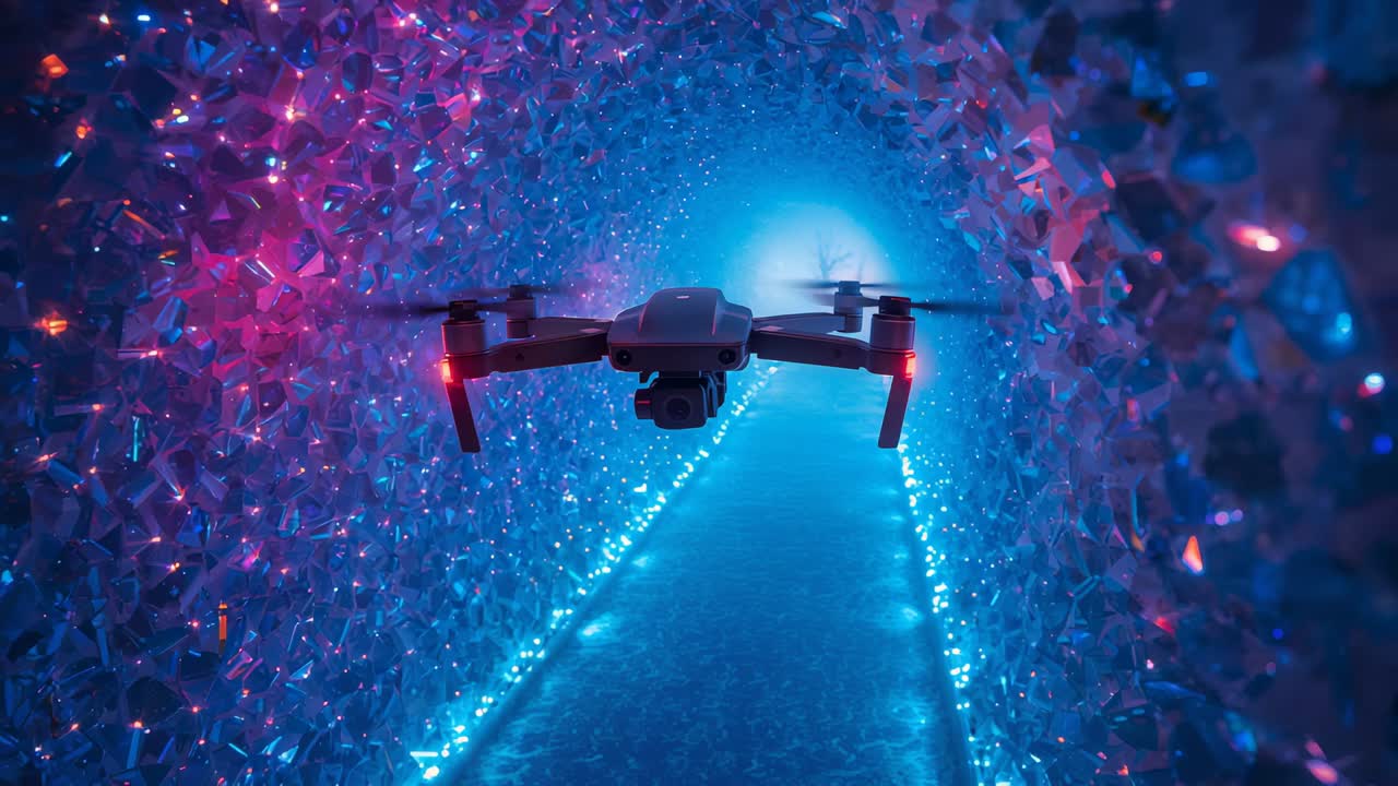 Propellers spinning drone flying down shiny tunnel toward blue portal, with gimbal and red LEDs