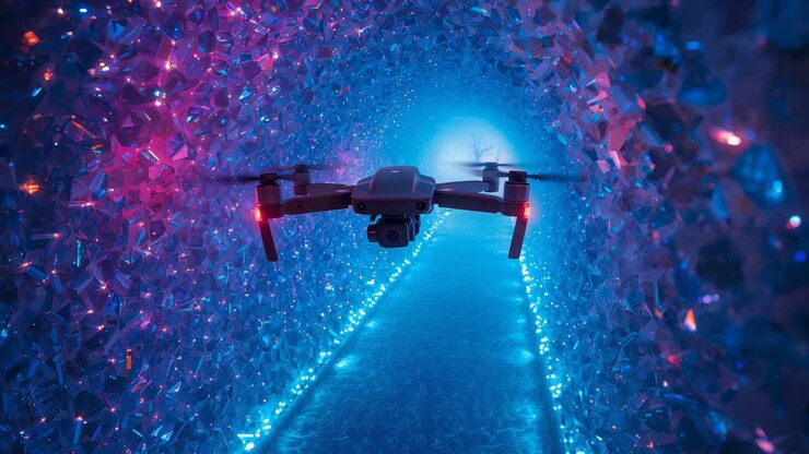 Propellers spinning drone flying down shiny tunnel toward blue portal, with gimbal and red LEDs