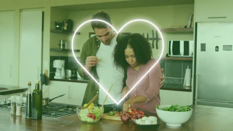 animation of heart icon over happy diverse couple cooking