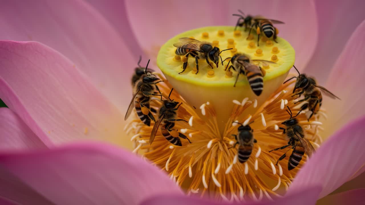 A Captivating Close-Up of Bees Pollinating a Beautiful Flower, Showcasing the Intricate Details of Nature’s Pollinators in Action