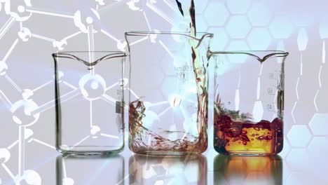 animación de vasos de llenado de líquido contra el fondo de moléculas