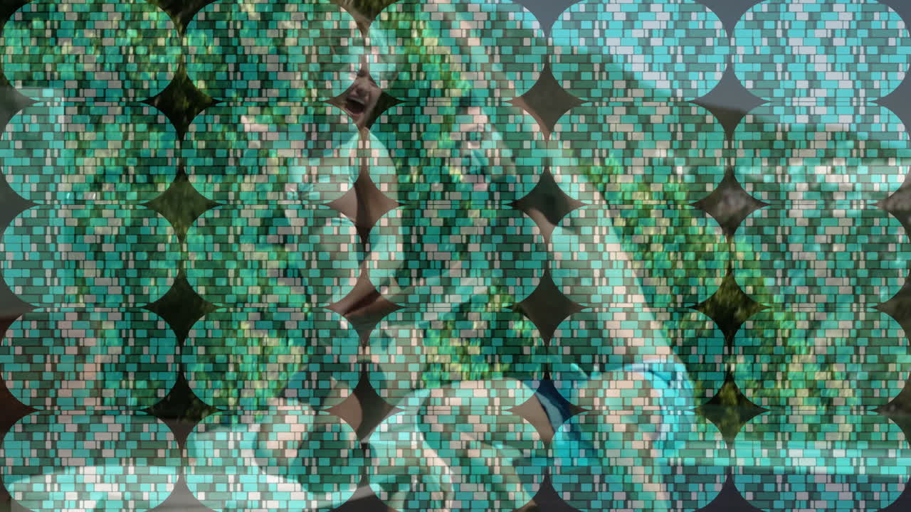 Jumping in swimwear, people with animation overlay creating joyful atmosphere