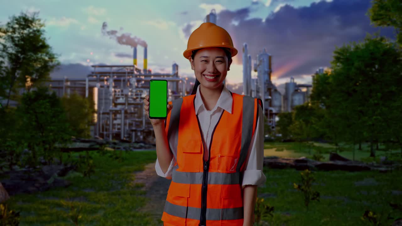 Asian Female Engineer With Safety Helmet Smiling And Showing Green Screen Smartphone To The Camera In Front Of Oil Refinery