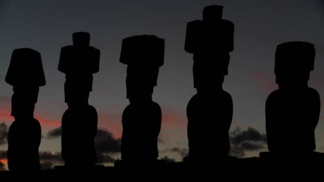 the sun sets behind easter island statues