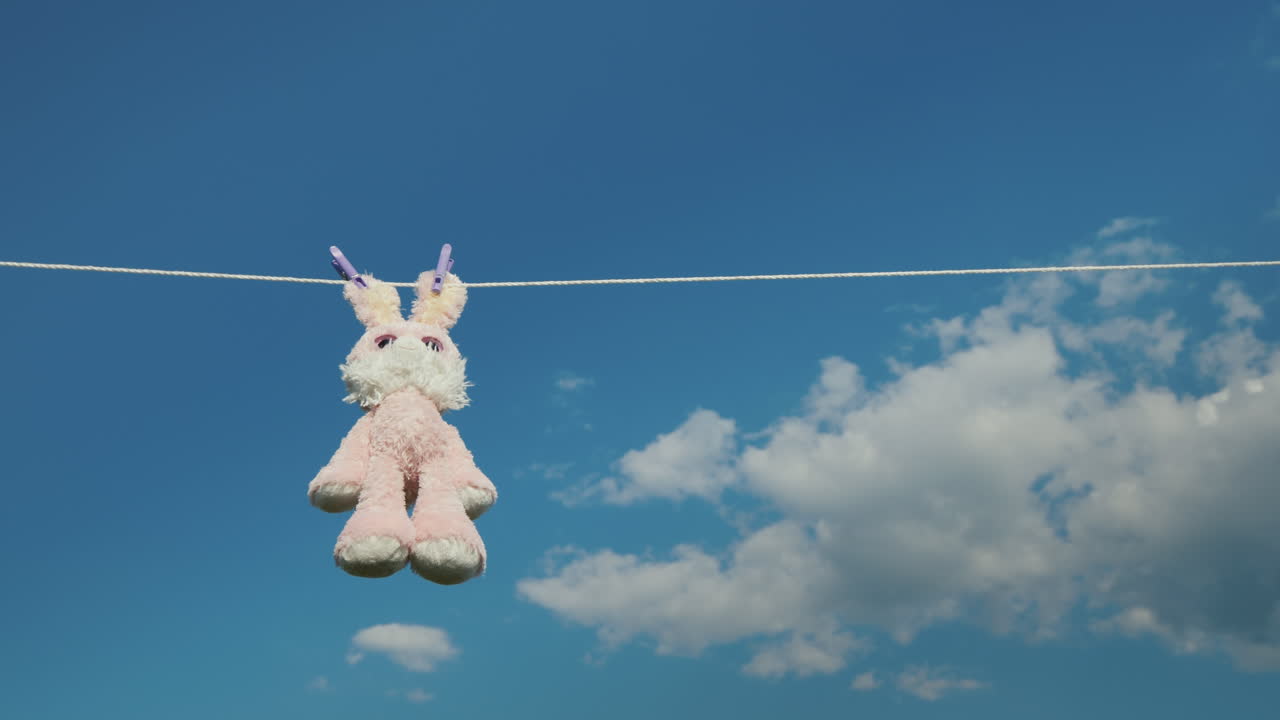 conejo de peluche colgando de una cuerda secado al sol video 4k