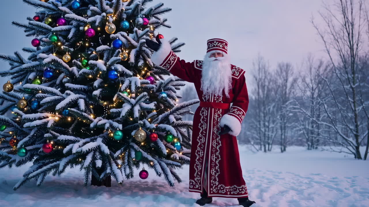 Venäläinen joulupukki joulukuusen äärellä talven ihmemaassa.