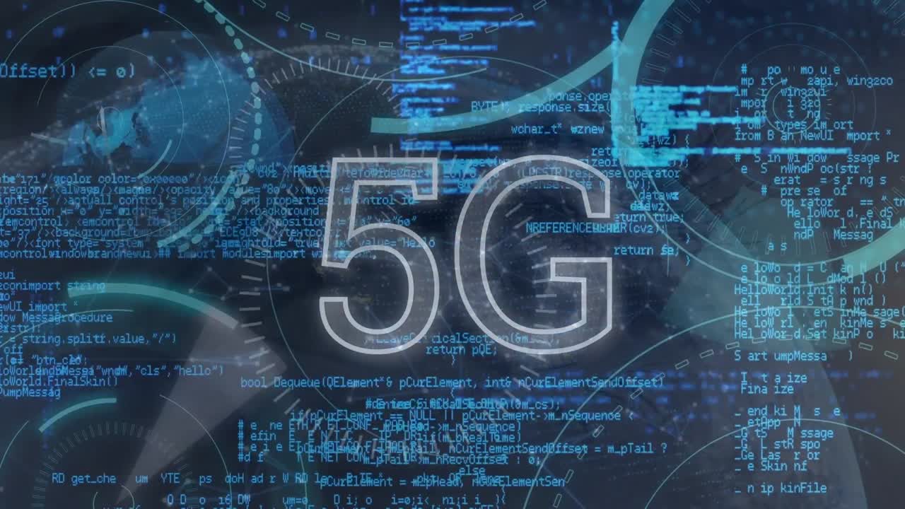 animazione dell'elaborazione digitale dei dati e testo 5g su sfondo blu