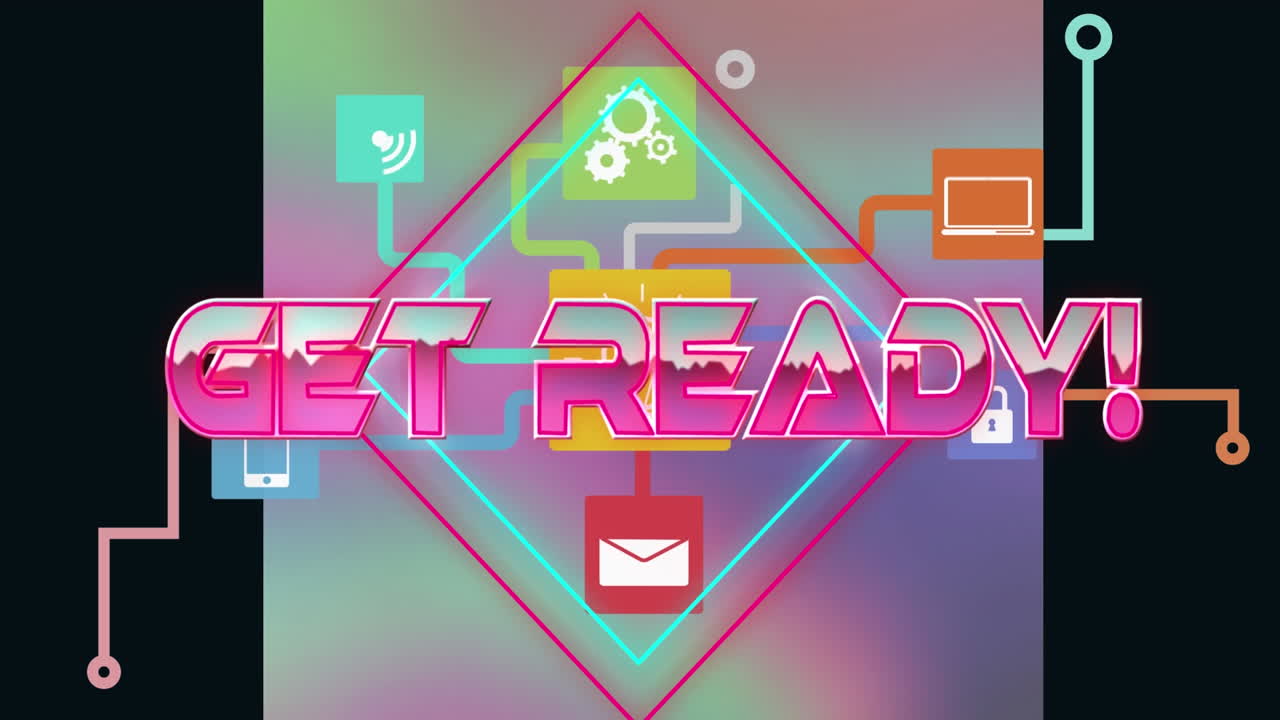 다채로운 배경에 아이콘과 연결의 네트워크를 통해 준비 텍스트의 애니메이션