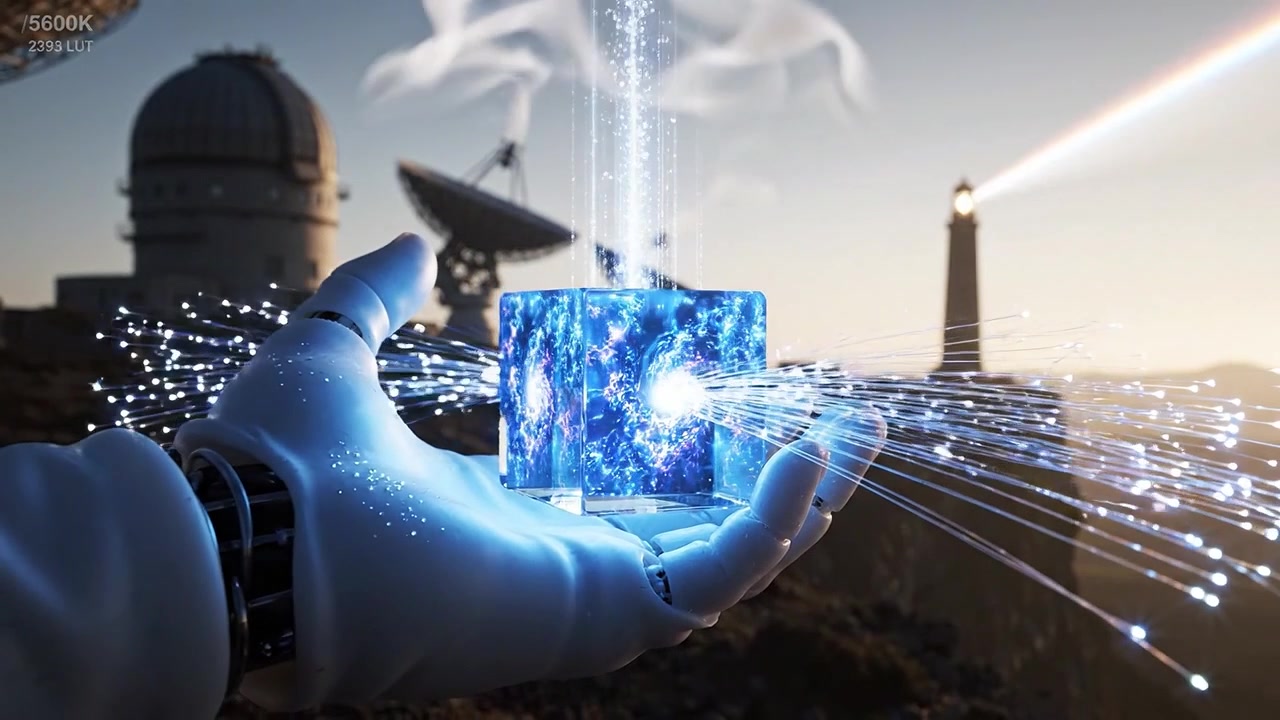 Eine futuristische Hand hält einen leuchtenden, kosmischen Würfel, der ein wirbelndes Licht aussendet, vor einer malerischen Kulisse von Observatorien und einem Leuchtturm bei Sonnenuntergang.