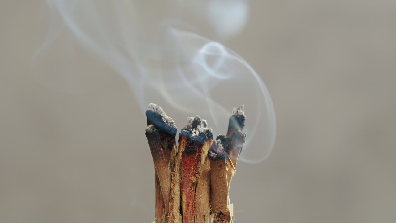 Person holding Palo Santo wood stick in hand, aromatic Palo Santo burning on black background, smoke spreading around, slow motion video clip, high quality 4k close up footage. High quality 4k footage