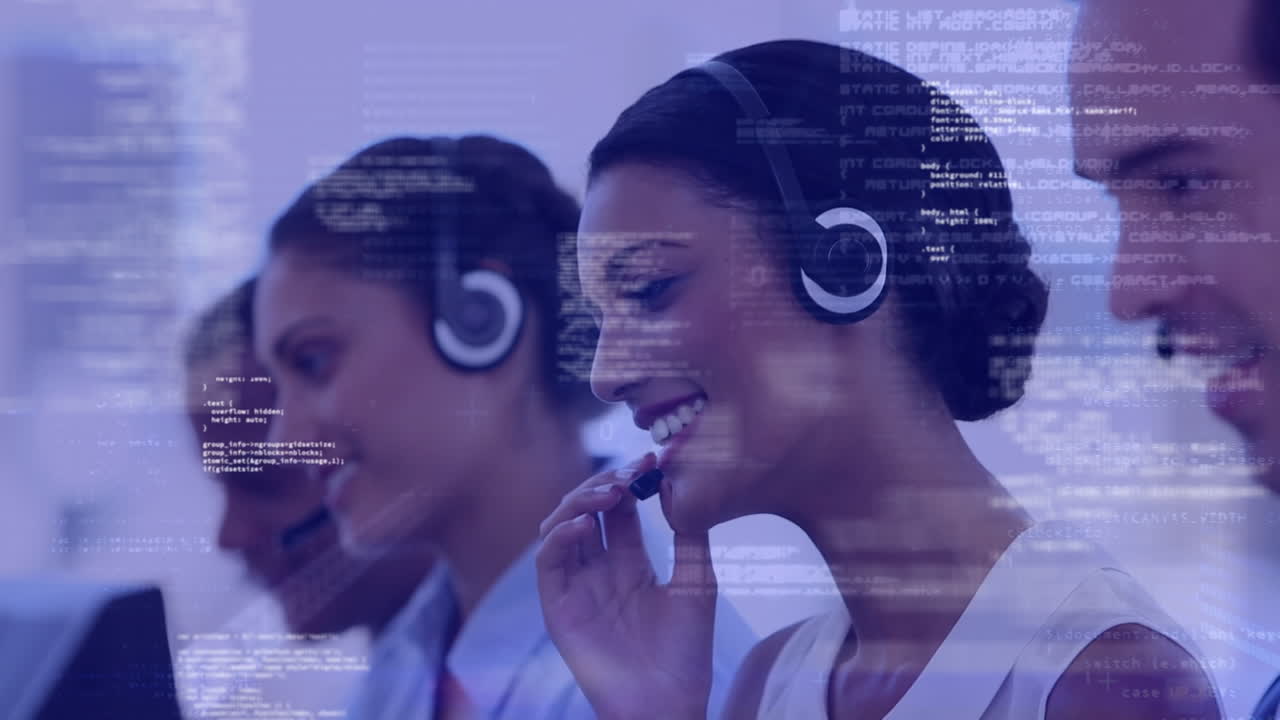 Animation of data processing over diverse business people wearing phone headsets