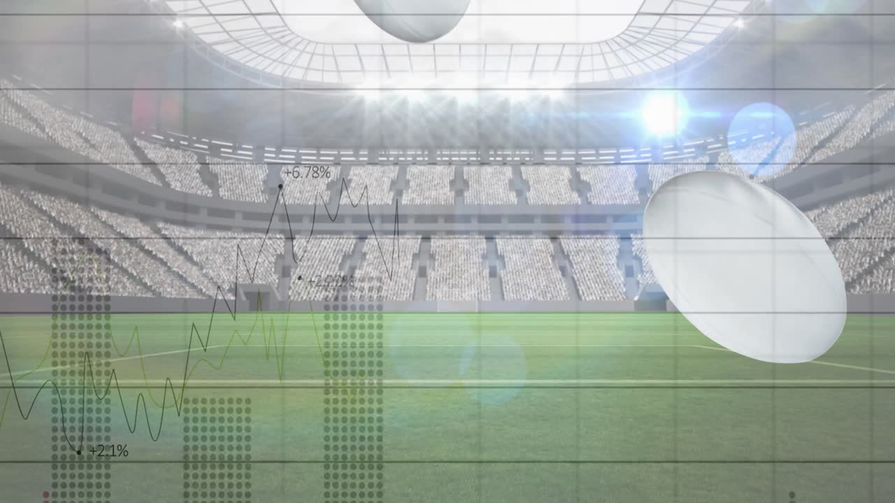 Animation of falling rugby balls with graphs and data processing over sports stadium