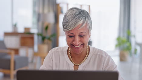 office laptop, happy face and senior woman reading