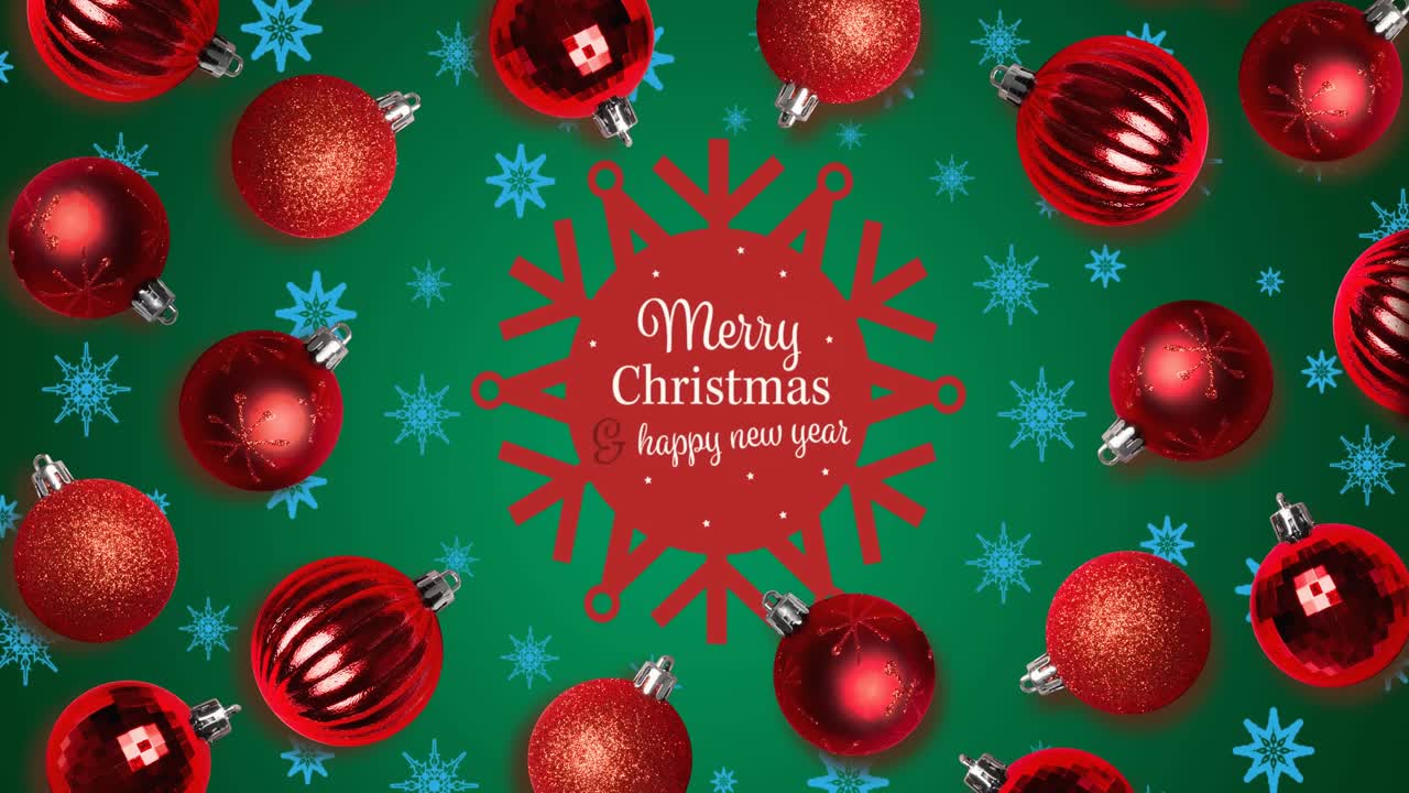 녹색 배경에 있는 크리스마스 축하와 새해 축하 텍스트에 대한 눈송이와 놀이의 애니메이션