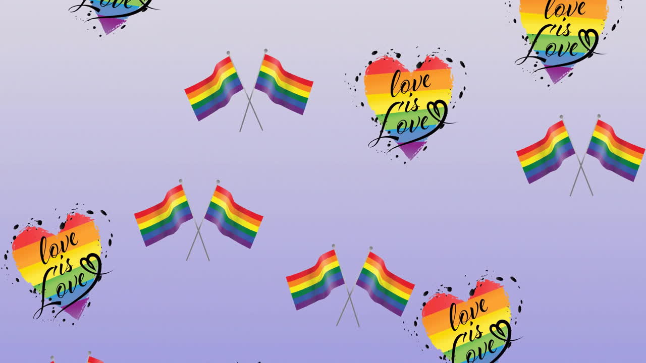 무지개 발과 사랑의 마음의 애니메이션은 파란 바탕에 사랑의 텍스트입니다.