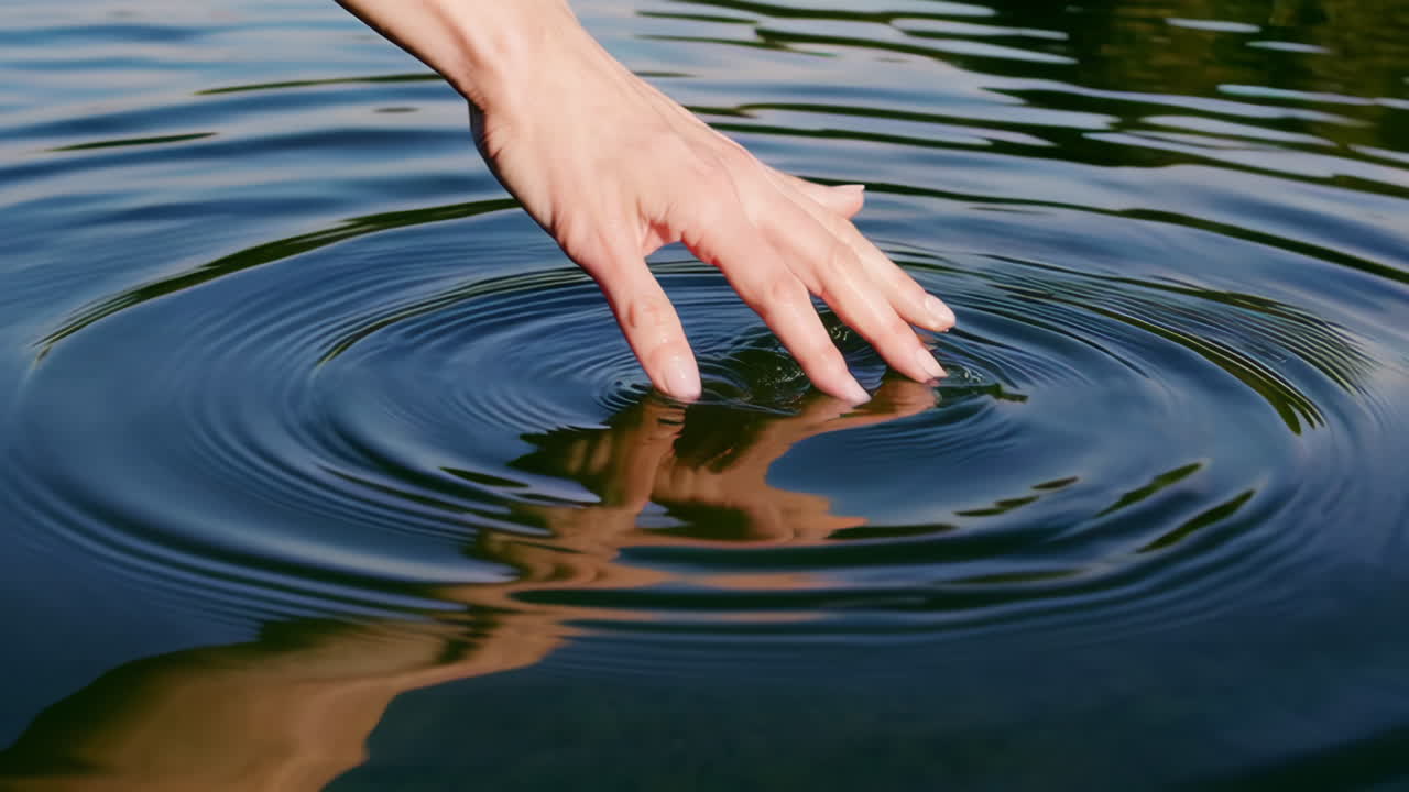 A hand gently touching the surface of calm water, creating ripples