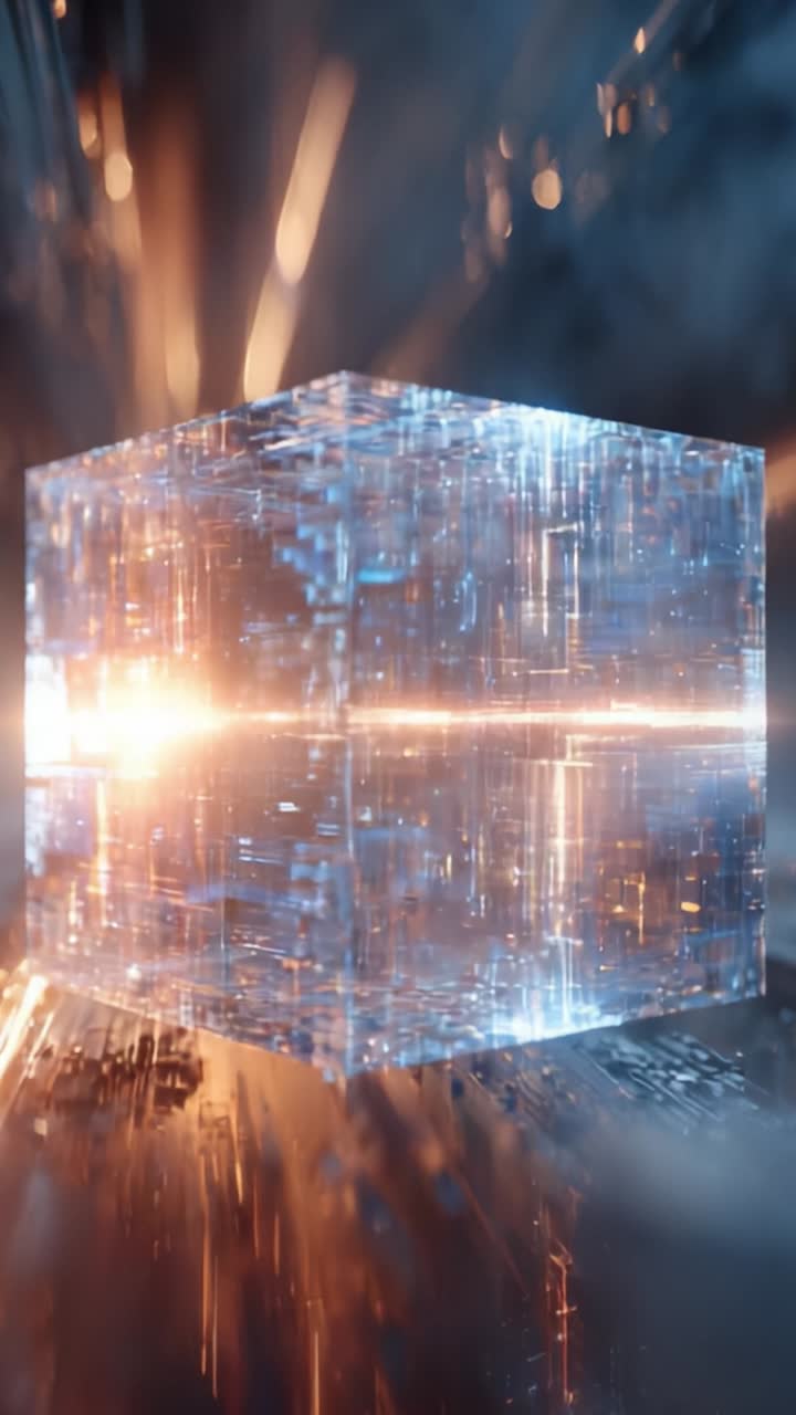 A Stunning Visualization of a Glowing Cube Emitting Light and Energy, Capturing the Dynamic Motion and Intricate Reflections in a Futuristic Environment