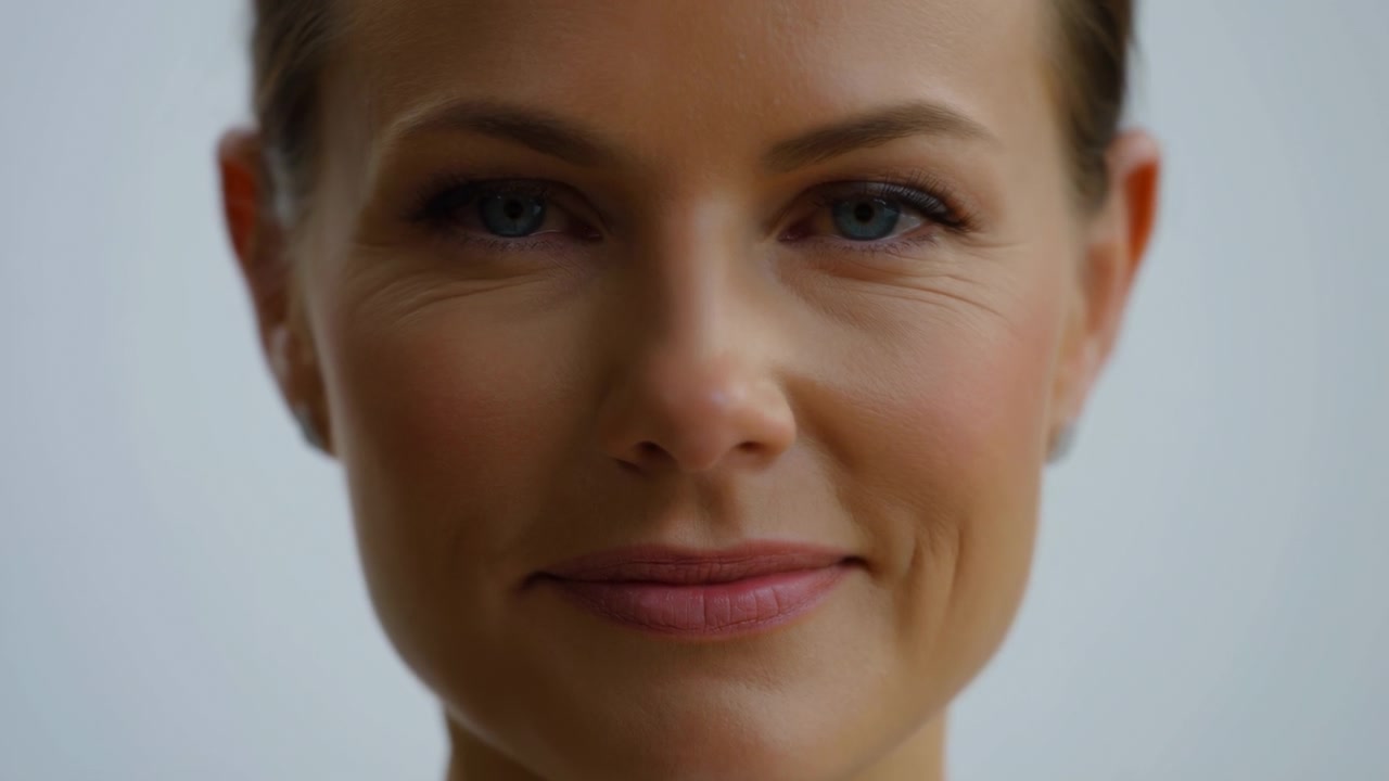 Una vista frontale ravvicinata mostra una donna che mantiene il contatto visivo mentre il suo sorriso gentile e l'espressione facciale cambiano leggermente, con una luce morbida e uniforme e uno sfondo chiaro e ordinato.