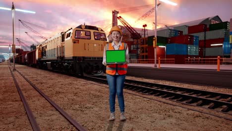 full body of asian female engineer with safety helmet smiling and showing green screen laptop to the camera with freight cargo train at port
