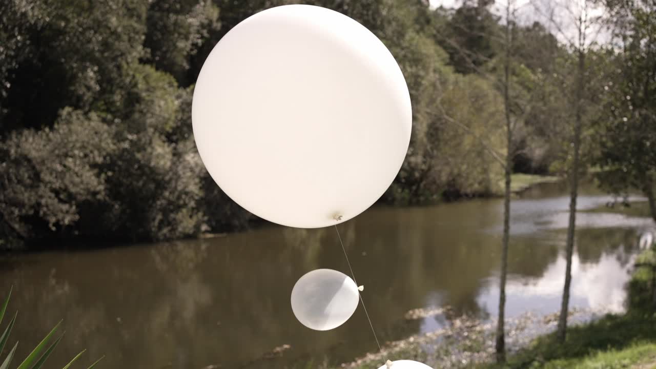 White balloons floating outdoors near a calm river and trees, creating a serene scene