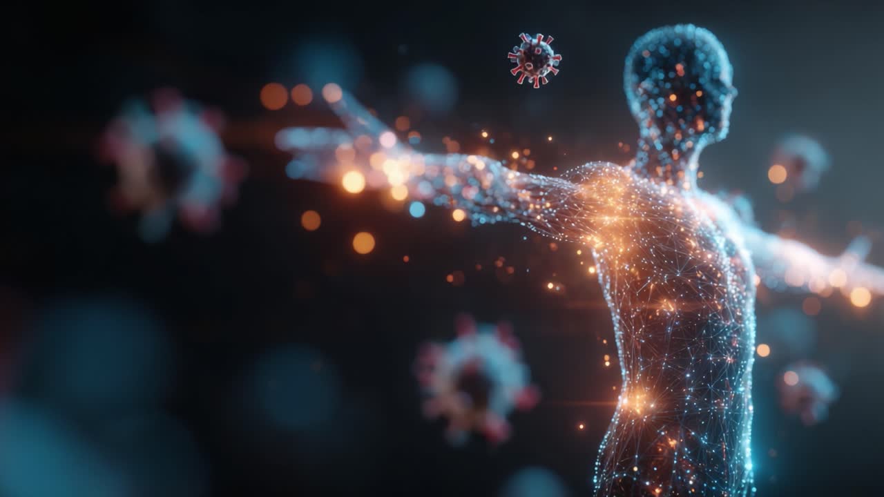 A digital representation of a human figure demonstrating resilience against viruses, showcasing the interplay of technology and bioinformatics in health and disease management