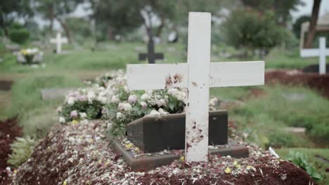 Tomb-with-flowers.-Handheld,-walking-backwards