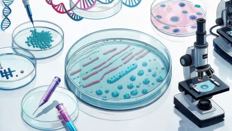 laboratorio de ciencias con placas de petri, microscopio y adn