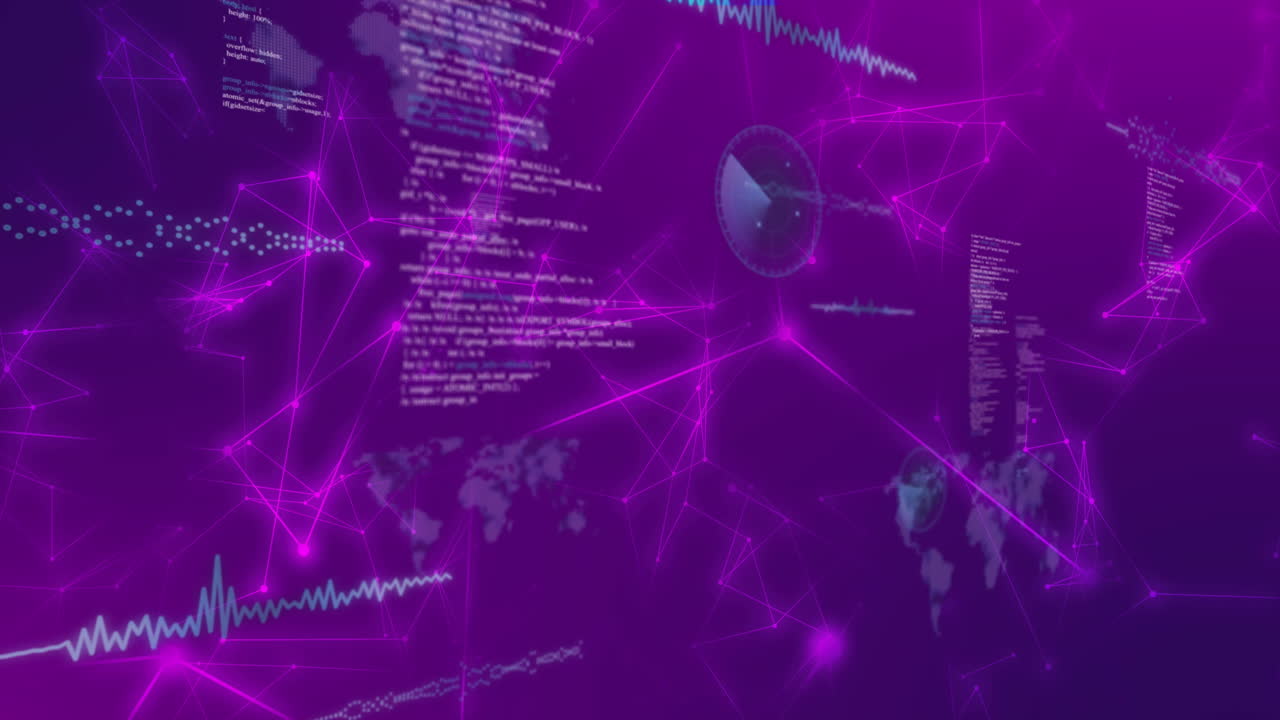 animación de escáneres redondos, procesamiento de datos y red de conexiones contra un fondo púrpura
