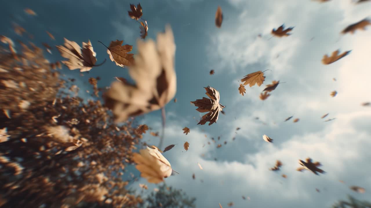 A Beautiful Autumn Breeze: Capturing Floating Leaves as They Dance Through the Air Under a Dramatic Sky in an Enchanting Fall Landscape