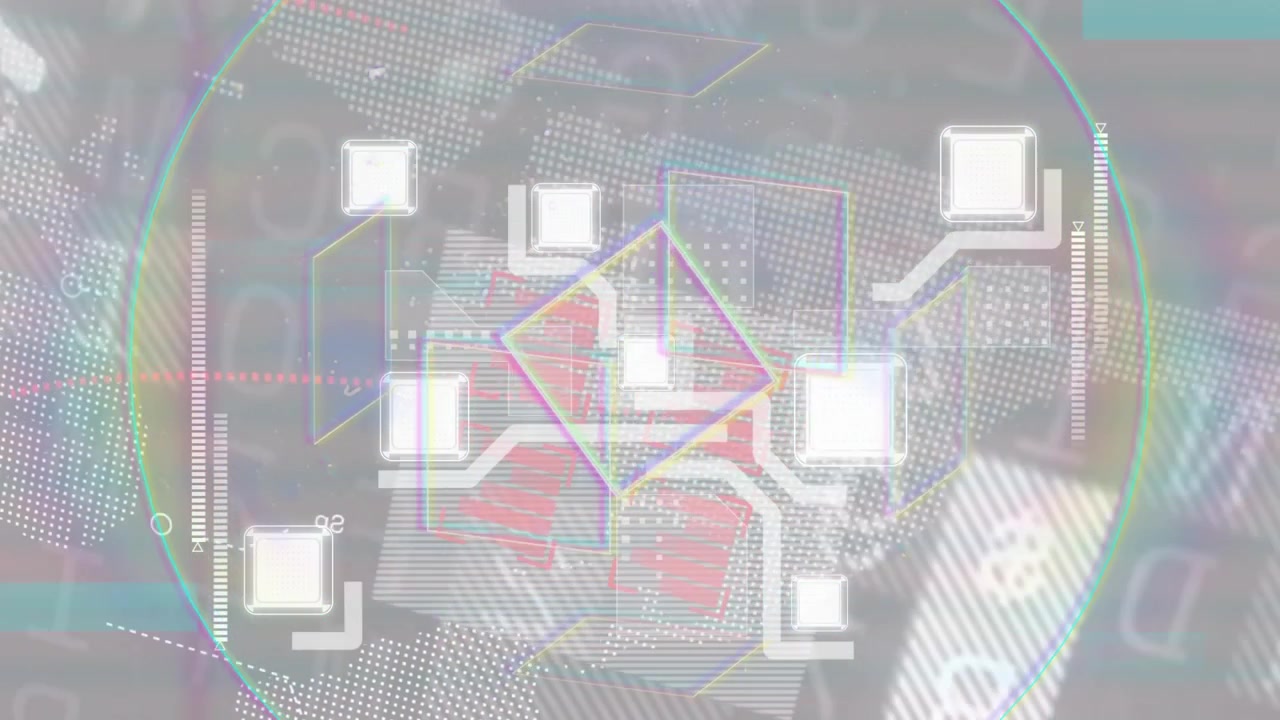 On opening central node pulsing, fading in square nodes, scanning ring animating network data flow