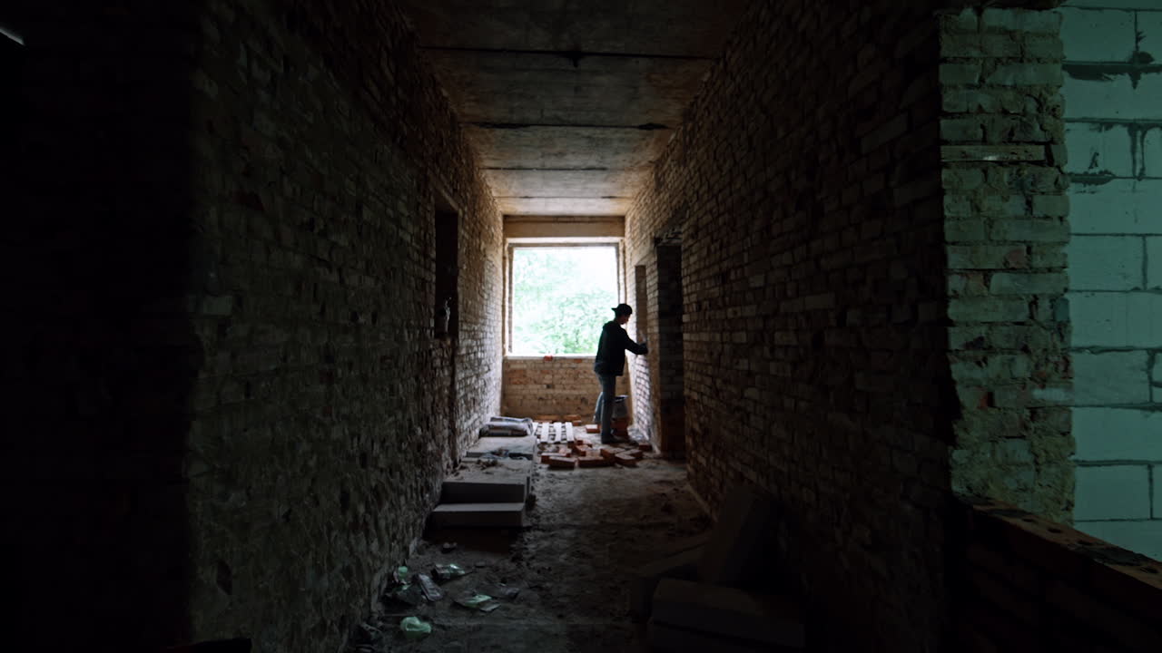 Young man works in the construction of a large building. Distancing from a builder by the long dark corridor.