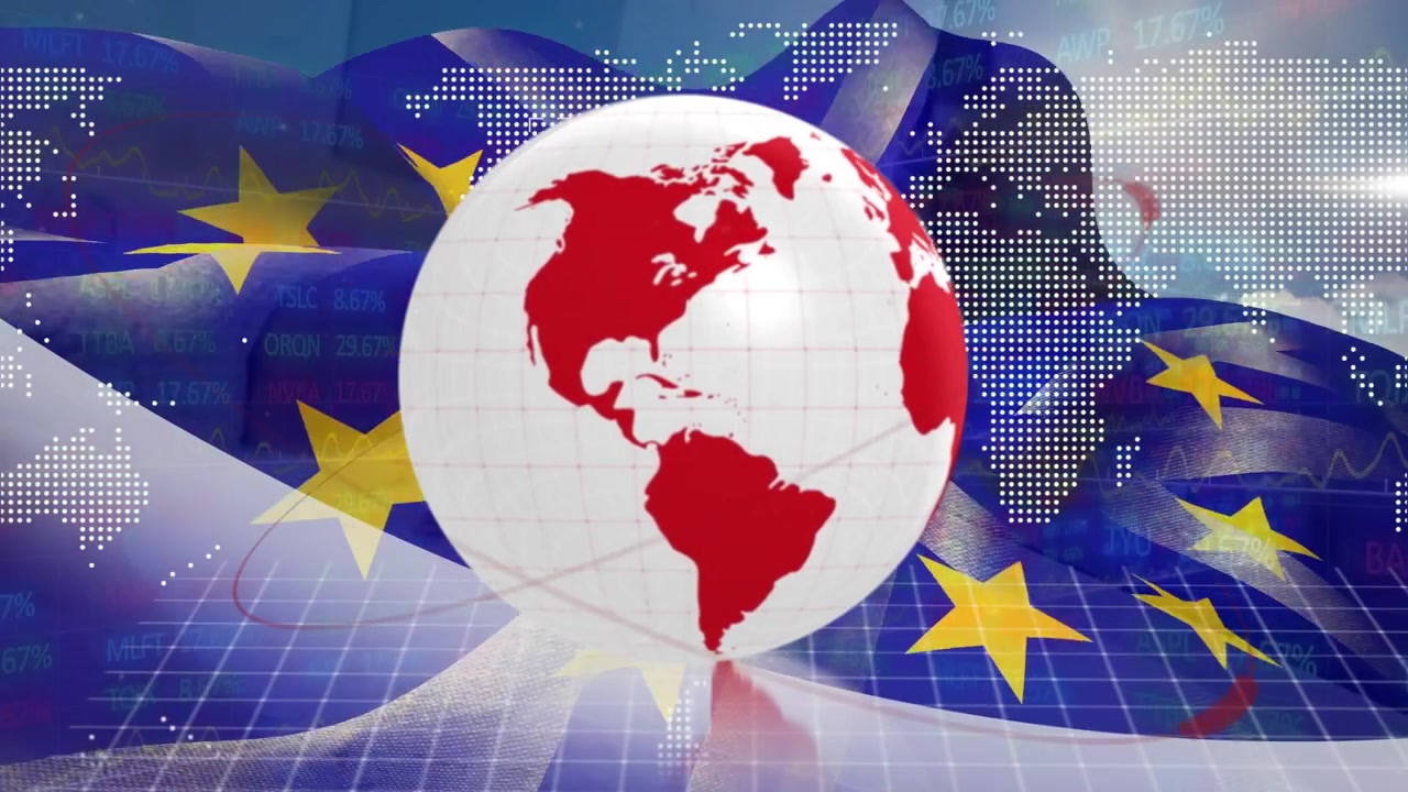 Animation of rotating globe with graphical map, grid pattern, trading board over european union flag