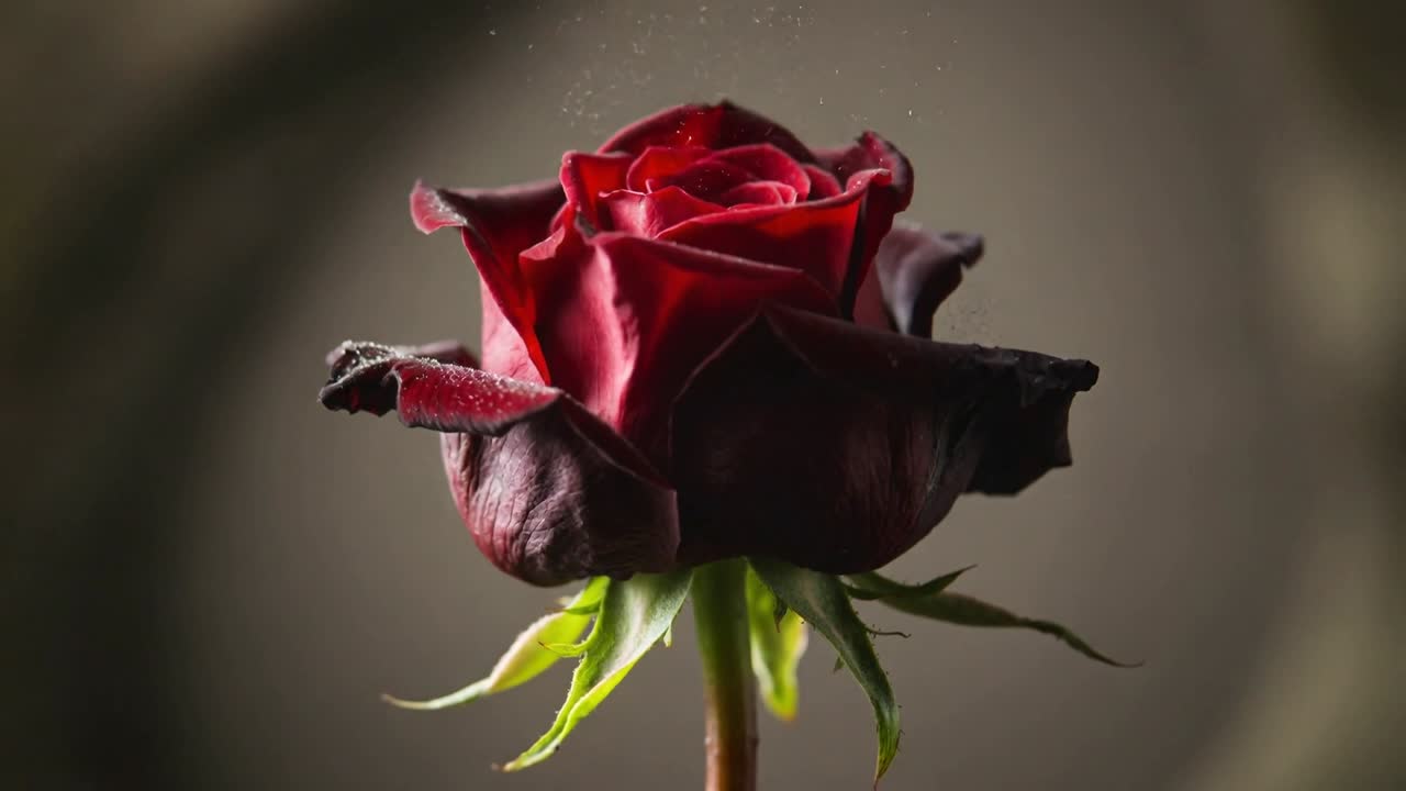 Una singola rosa rossa che reagisce a una forza invisibile, i petali si trasformano in una nuvola di particelle scure per effetti visivi.