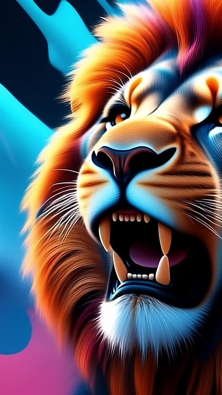 Colorful roaring lion. A powerful lion with a colorful mane showcases its strength against a bright, abstract background.