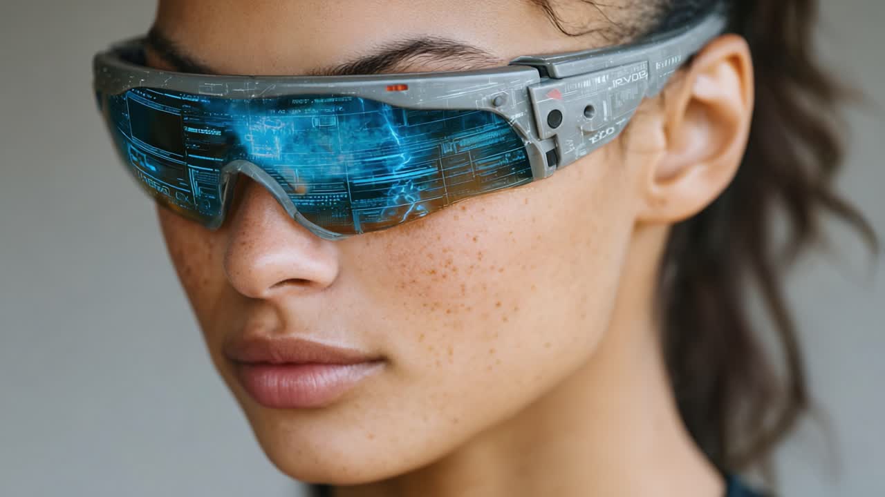A close-up shot of a young woman wearing futuristic smart glasses with a sleek design, showcasing interactive digital displays and an innovative aesthetic appeal