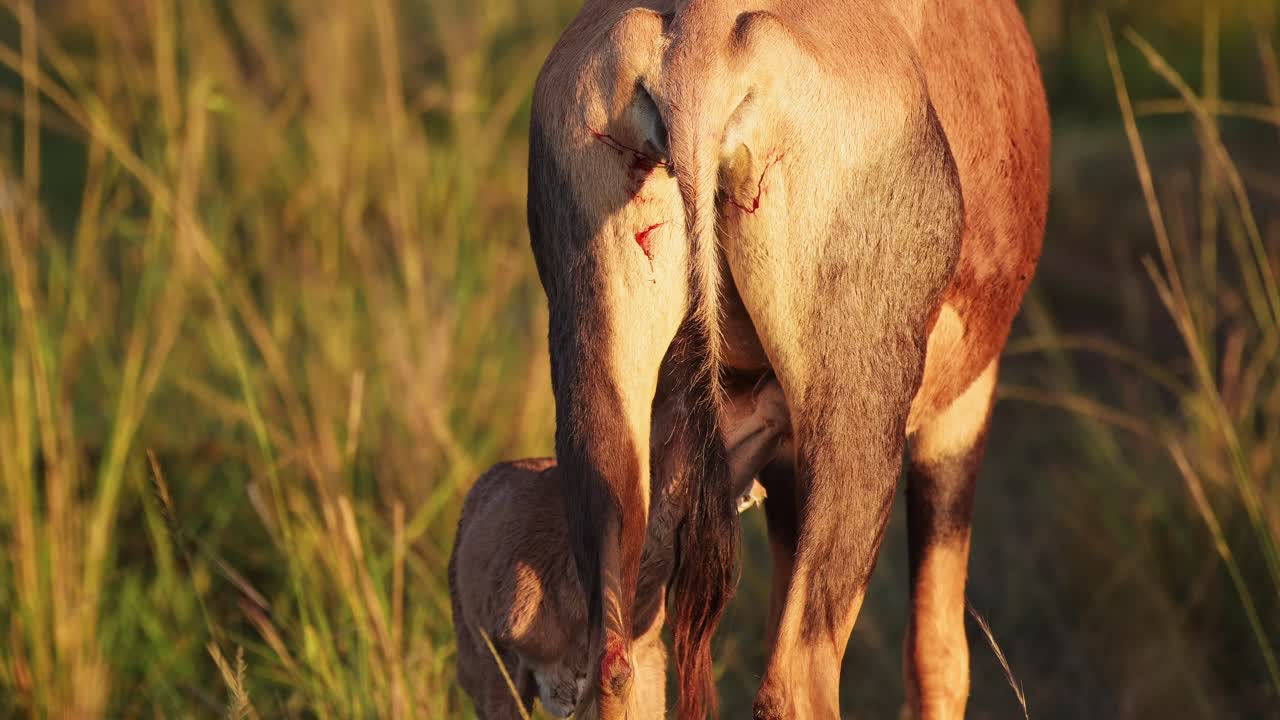 Newborn baby cute Topi just been born close to mother's side feeding, African Wildlife in Maasai Mara National Reserve, Kenya, Africa Safari Animals in Masai Mara North Conservancy