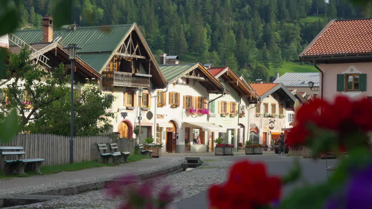 Traditional Houses Of Mittenwald Oberammergau Villages In Germany. Static Shot