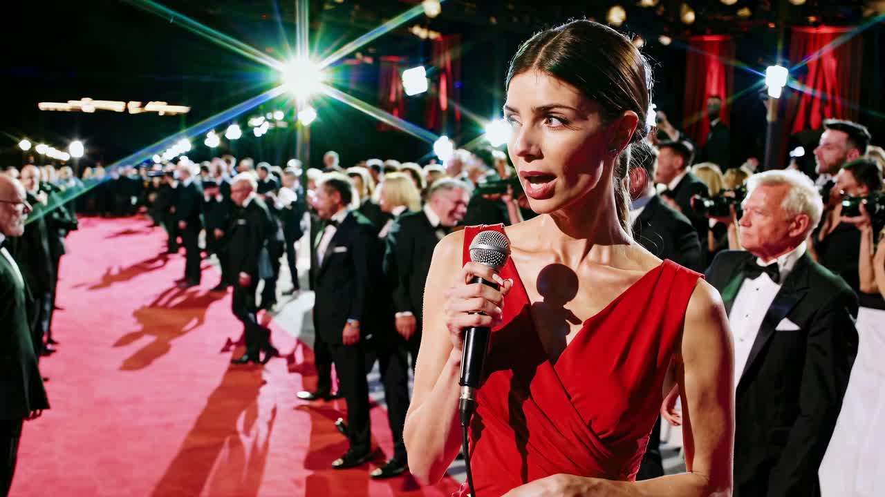 Fotograma dinámico de un vídeo de un evento de alfombra roja, en el que aparece una mujer con un vestido rojo hablando