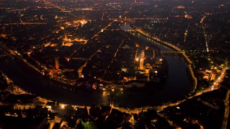 Aerial-Circular-Night-Drone-View,-of-Verona-City-Center